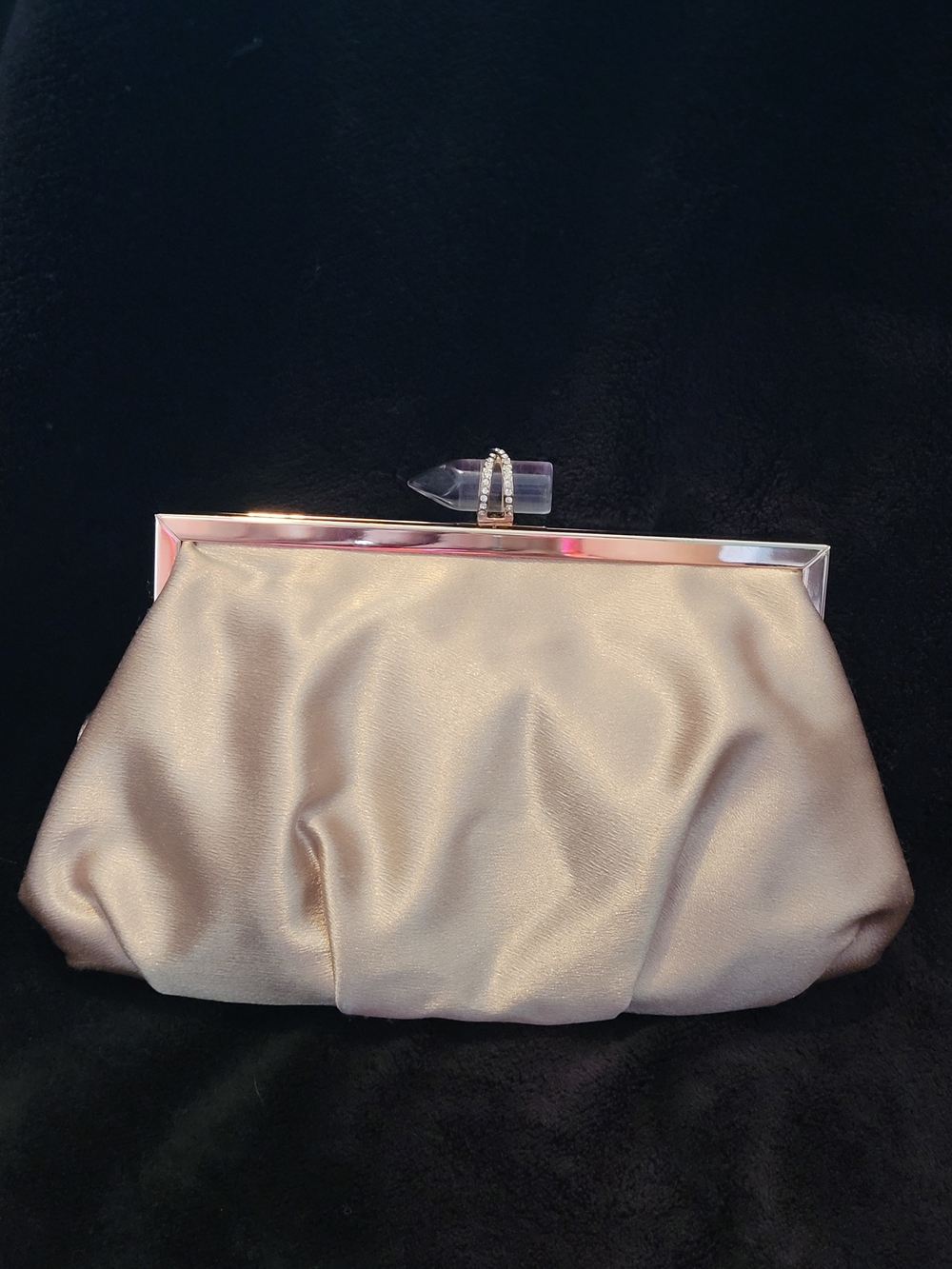 Vintage Kate Landry Champagne Satin Evening Clutch with Chain Crystal Accent EUC